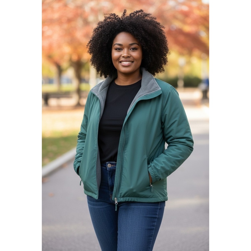 Lands End Squall Jacket Womens L 14-16 Teal Green Fleece Lined Full Zip Coat